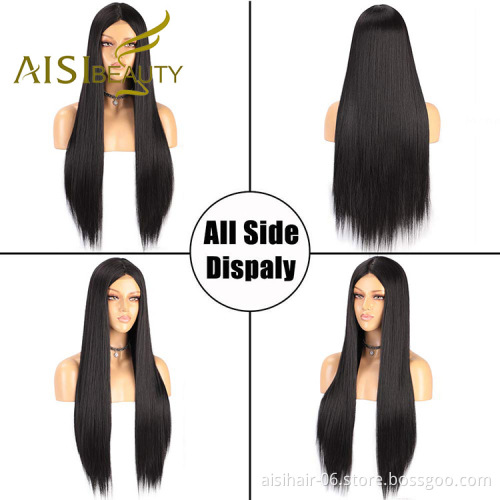 Aisi Beauty Topselling Vendor Cheap Long Silky Straight Black Wig Swiss Lace Synthetic Hair For Black Women Lace Front Wig